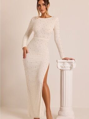 Oh Polly Ivory Beaded Long Sleeve Maxi Dress with Side Slit
